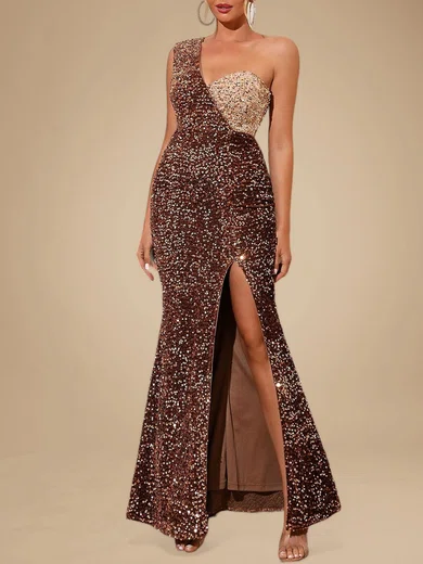 Sparkly Sheath/Column Sequin One Shoulder Split Formal Dresses PT020118718