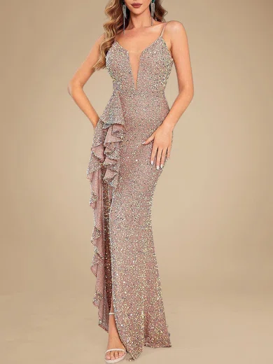 Sparkly Sheath/Column Sequin V-neck Ruffle Split Formal Dresses PT020118729