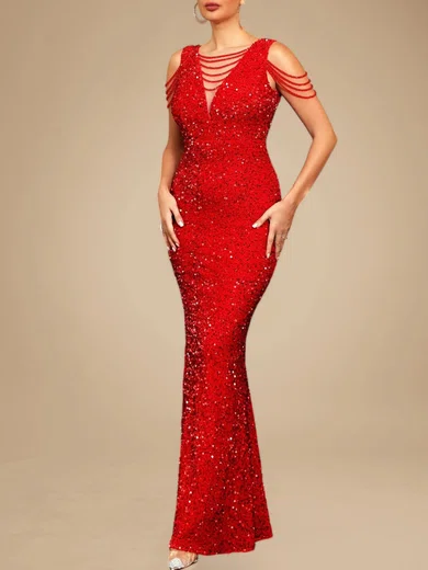 Sparkly Red Sequin Sheath/Column V-neck Beaded Formal Dresses PT020118754