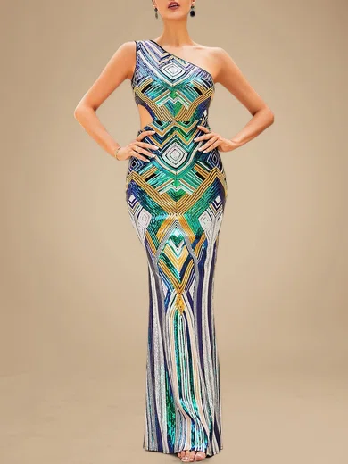 Sparkly Sheath/Column Sequin One Shoulder Cut Out Formal Dresses PT020118770