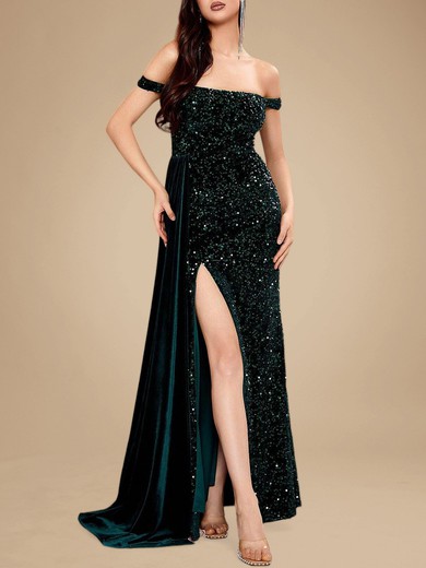 Sheath/Column Off-the-shoulder Velvet Velvet Sequins Ankle-length Split Front Prom Dresses PT020118779