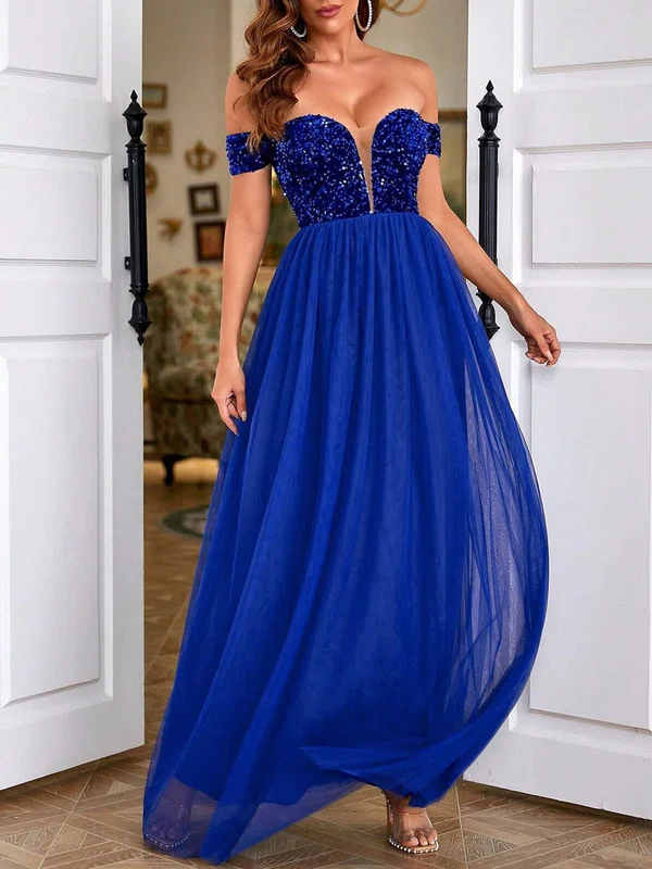 A-line Off-the-shoulder Tulle Velvet Sequins Floor-length Prom Dresses PT020118805