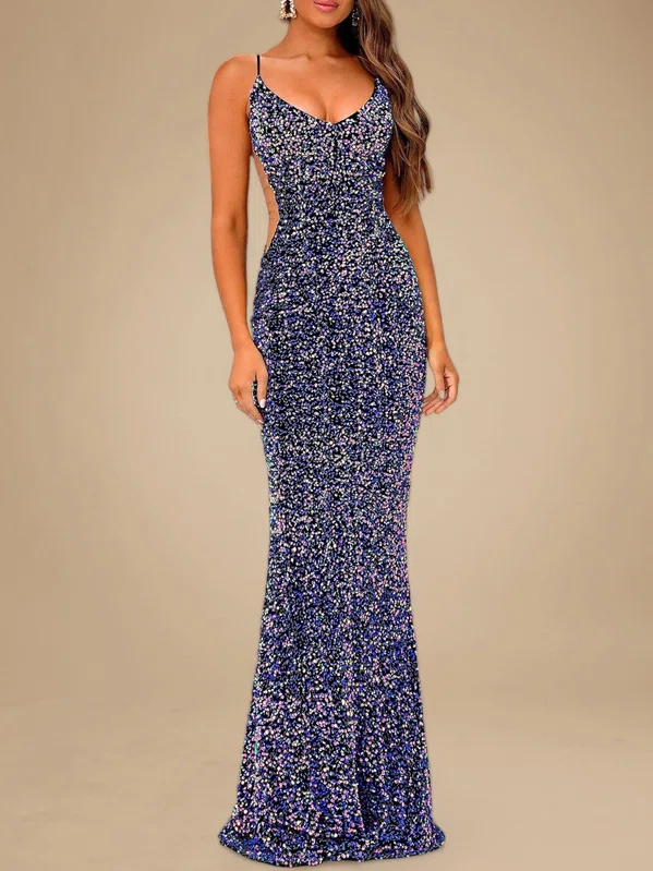 Trumpet/Mermaid V-neck Velvet Sequins Sweep Train Prom Dresses PT020118815