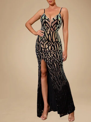 Sparkly Sheath/Column Sequin V-neck Split Formal Dresses PT020118844