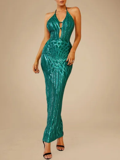 Sparkly Sheath/Column Sequin Halter Split Maxi Dress PT020118865