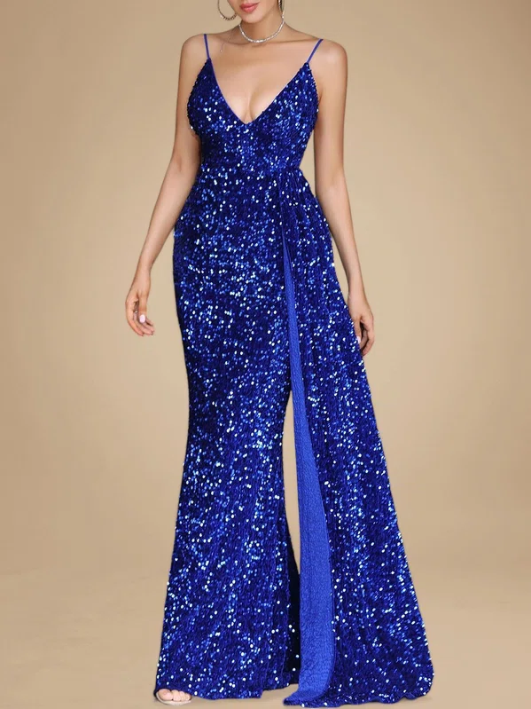 Sheath/Column V-neck Velvet Sequins Floor-length Prom Dresses PT020118869