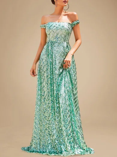 Sparkly A-line Sequin Off-the-shoulder Formal Dresses PT020118873