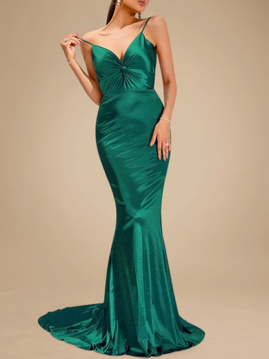 Trumpet/Mermaid V-neck Silk-like Satin Sweep Train Ruched Prom Dresses PT020118897