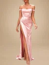 Sheath/Column Off-the-shoulder Silk-like Satin Sweep Train Ruched Prom Dresses PT020119060