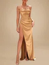 Sheath/Column Off-the-shoulder Silk-like Satin Sweep Train Ruched Prom Dresses PT020119062