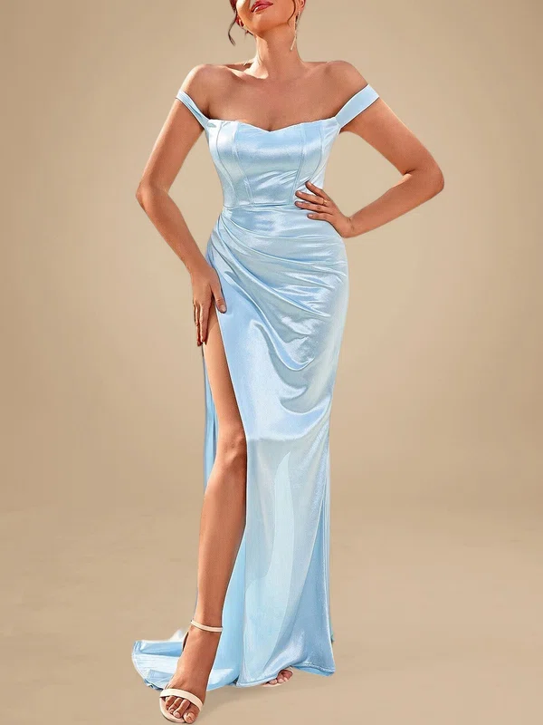 Sheath/Column Off-the-shoulder Silk-like Satin Sweep Train Ruched Prom Dresses PT020119066