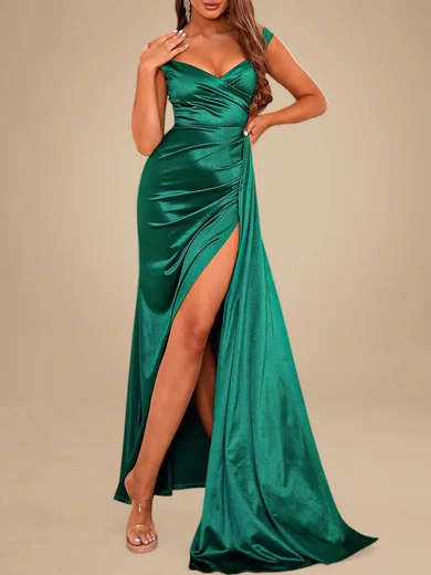 Elegant Sheath/Column Satin Ruched Split Maxi Dress PT020119067