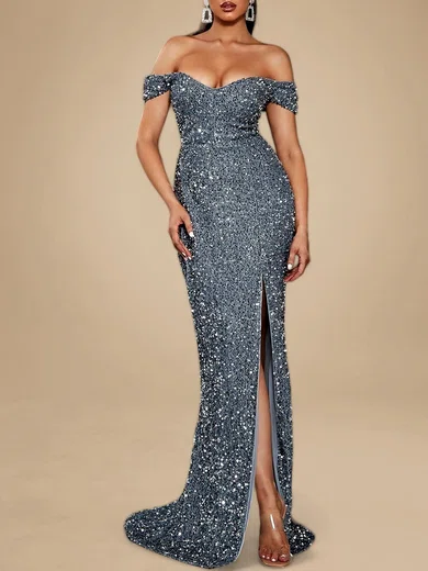 Sparkly Sheath/Column Sequin Off-the-shoulder Split Formal Dresses PT020119125