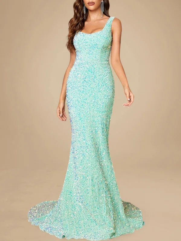 Trumpet/Mermaid Square Neckline Velvet Sequins Sweep Train Ruched Prom Dresses PT020119217