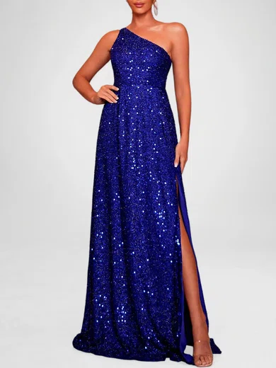 Sparkly A-line Sequin One Shoulder Split Formal Dresses PT020119219