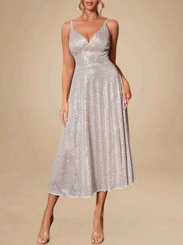 Sparkly A-line Sequin V-neck Midi Dress PT020119231