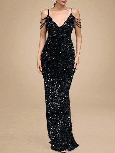 Trumpet/Mermaid V-neck Velvet Sequins Floor-length Beading Prom Dresses PT020119243