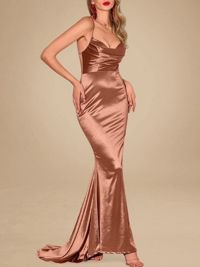 Trumpet/Mermaid Cowl Neck Silk-like Satin Sweep Train Ruffles Prom Dresses PT020119257