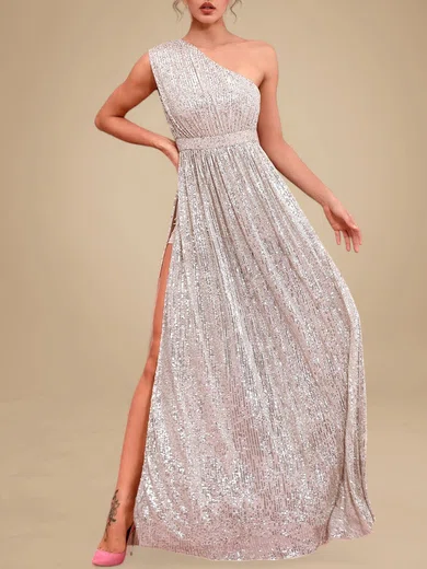 Sparkly A-line Sequin One Shoulder Split Formal Dresses PT020119261