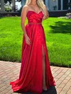 A-line V-neck Silk-like Satin Sweep Train Prom Dresses With Beading #UKM020121242