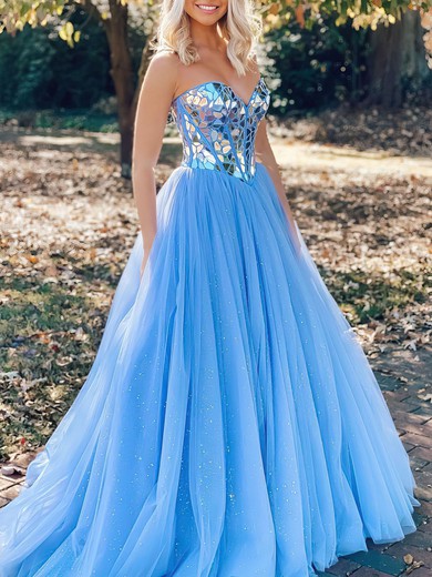 Ball Gown/Princess Sweetheart Tulle Sweep Train Prom Dresses With Crystal Detailing #UKM020121244