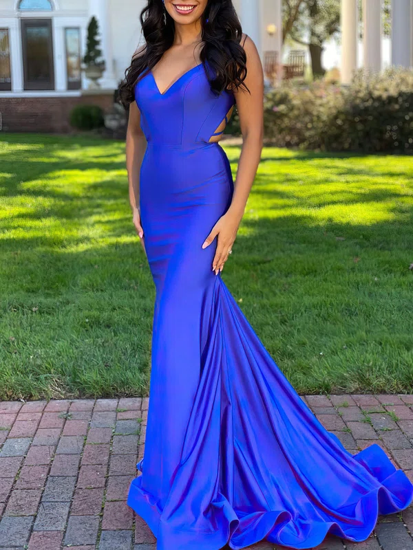 Trumpet/Mermaid V-neck Stretch Crepe Sweep Train Prom Dresses With Ruched #UKM020121245