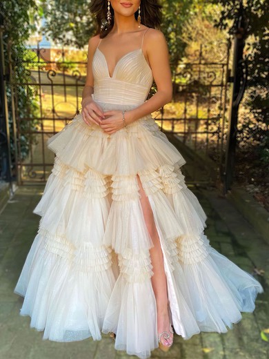 Ball Gown/Princess V-neck Tulle Glitter Sweep Train Prom Dresses With Tiered #UKM020121250