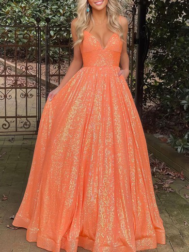 Ball Gown/Princess V-neck Sequined Floor-length Prom Dresses With Pockets #UKM020121252