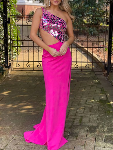 Sheath/Column One Shoulder Jersey Sweep Train Prom Dresses With Split Front #UKM020121262