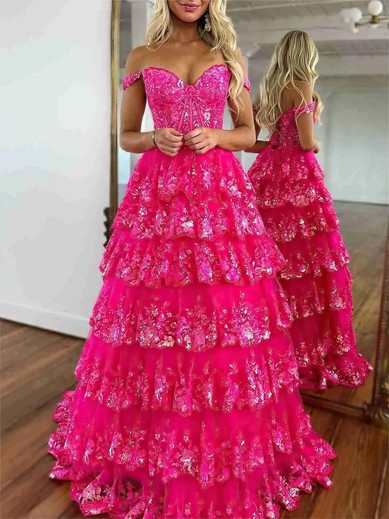 Ball Gown/Princess Off-the-shoulder Tulle Sweep Train Prom Dresses With Tiered #UKM020121271