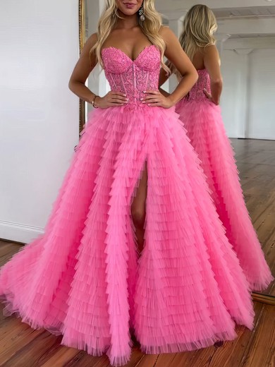 Ball Gown/Princess Sweetheart Tulle Sweep Train Prom Dresses With Appliques Lace #UKM020121272