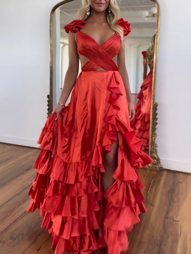 A-line V-neck Silk-like Satin Sweep Train Prom Dresses With Ruffles #UKM020121273