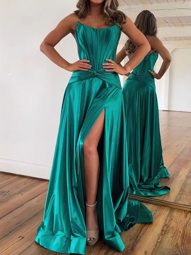 A-line Straight Silk-like Satin Sweep Train Prom Dresses With Ruched #UKM020121274