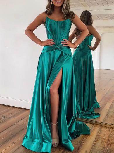 A-line Straight Silk-like Satin Sweep Train Prom Dresses With Ruched #UKM020121274