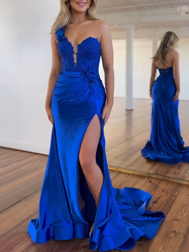 Trumpet/Mermaid One Shoulder Silk-like Satin Sweep Train Prom Dresses With Appliques Lace #UKM020121276