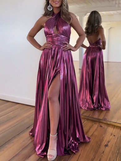 A-line Halter Metallic Floor-length Prom Dresses With Ruched #UKM020121278