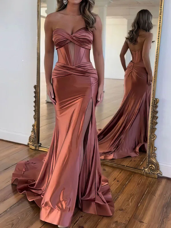 Trumpet/Mermaid Sweetheart Silk-like Satin Sweep Train Prom Dresses With Ruched #UKM020121282