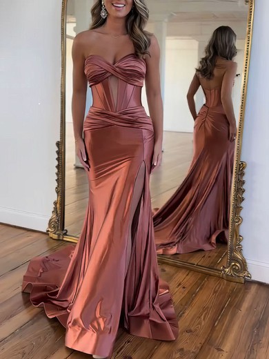 Trumpet/Mermaid Sweetheart Silk-like Satin Sweep Train Prom Dresses With Ruched #UKM020121282