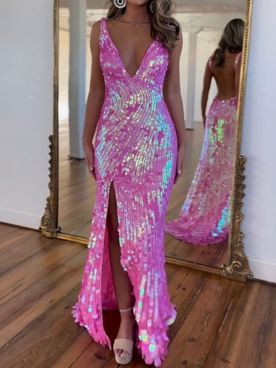 Trumpet/Mermaid V-neck Sequined Sweep Train Prom Dresses With Split Front #UKM020121284