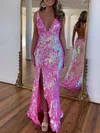 Trumpet/Mermaid V-neck Sequined Sweep Train Prom Dresses With Split Front #UKM020121284