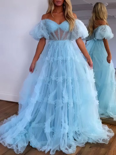 Ball Gown/Princess Off-the-shoulder Tulle Sweep Train Prom Dresses With Sashes / Ribbons #UKM020121286