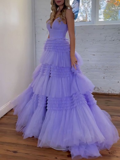 Ball Gown/Princess V-neck Tulle Glitter Sweep Train Prom Dresses With Tiered #UKM020121288