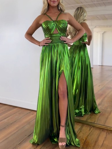 A-line Halter Metallic Floor-length Prom Dresses With Ruched #UKM020121289