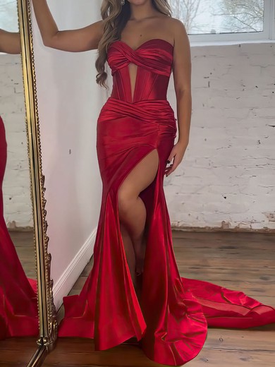 Trumpet/Mermaid Sweetheart Silk-like Satin Sweep Train Prom Dresses With Ruched #UKM020121290