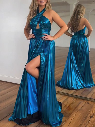 A-line Halter Metallic Floor-length Prom Dresses With Ruched #UKM020121291