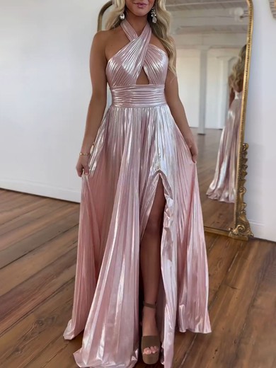 A-line Halter Metallic Floor-length Prom Dresses With Ruched #UKM020121292
