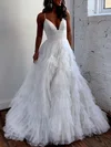 Ball Gown/Princess V-neck Tulle Glitter Sweep Train Prom Dresses With Tiered #UKM020121301