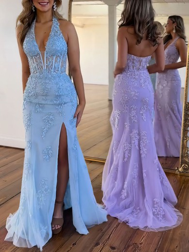 Trumpet/Mermaid Halter Tulle Sweep Train Prom Dresses With Appliques Lace #UKM020121304