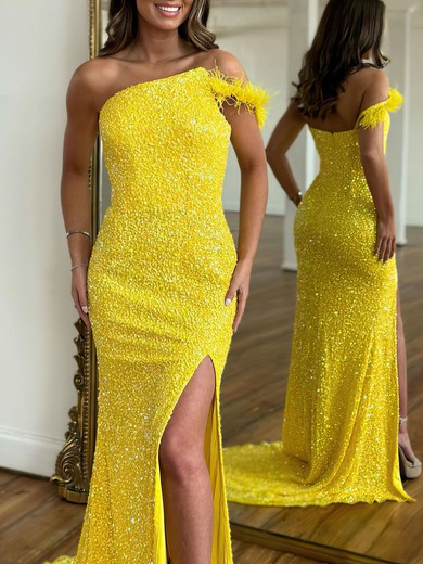Sheath/Column One Shoulder Sequined Sweep Train Prom Dresses With Split Front #UKM020121309