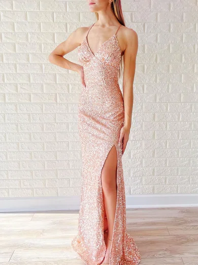 Sheath/Column V-neck Sparkly Sequin Prom Dresses #UKM020120941